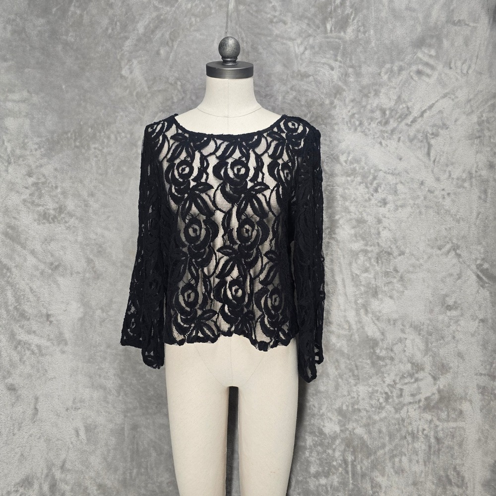 INC Sheer Lace Top Women XL Black Floral Bell Sleeve Goth Fairy Grunge Y2K Layer